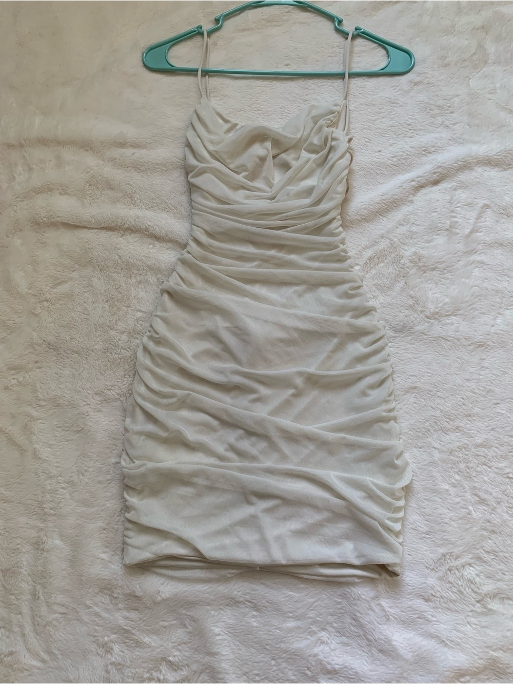 Revamped White Ruched Cowl Neck Mini Dress